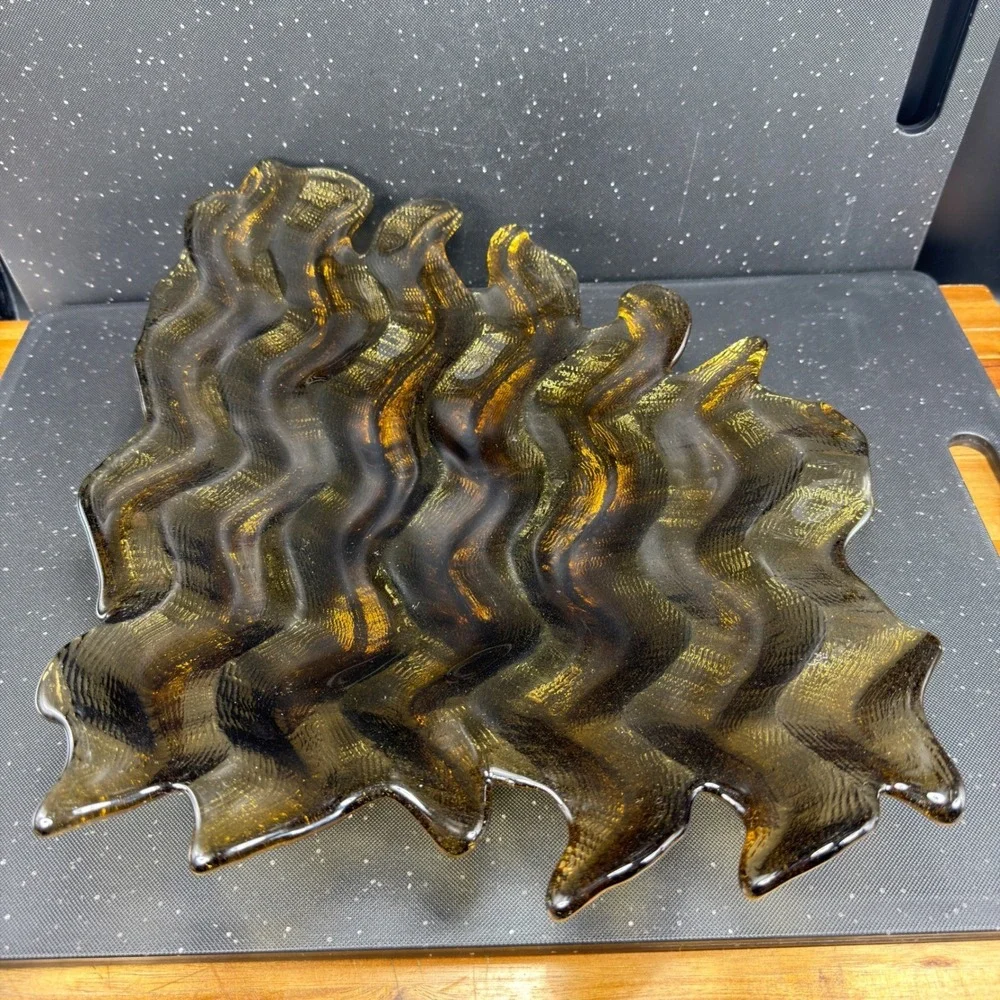 Hudson‎ Beach Amber Gold Textured Wavy Art Glass Centerpiece Bowl 13in Blown